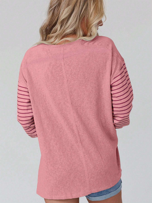 T-Shirts- Lantern Sleeve Striped Pullover Relaxed Tee- - IndioGear.com