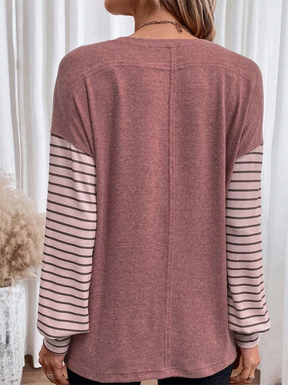 T-Shirts- Lantern Sleeve Striped Pullover Relaxed Tee- - IndioGear.com