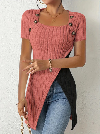 T-Shirts- Overlapping Shoulder-Button Ribbed Top- - IndioGear.com