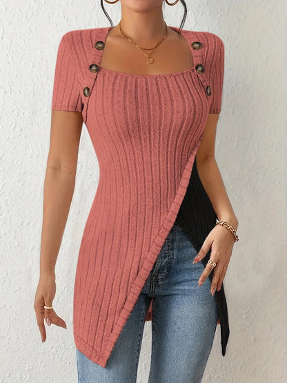 T-Shirts- Overlapping Shoulder-Button Ribbed Top- Red- IndioGear.com