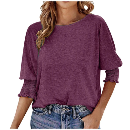 T-Shirts- Solid Round-Neck Tops with 3/4 Sleeves- - IndioGear.com