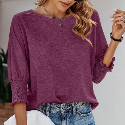 T-Shirts- Solid Round-Neck Tops with 3/4 Sleeves- Old Mauve- IndioGear.com