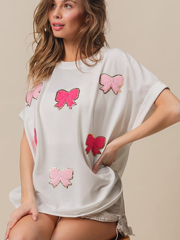 T-Shirts- Sparkle Women's Festive Oversized T-Shirt with Embroidered Bows- - IndioGear.com