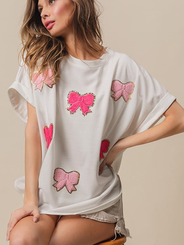 T-Shirts- Sparkle Women's Festive Oversized T-Shirt with Embroidered Bows- - IndioGear.com