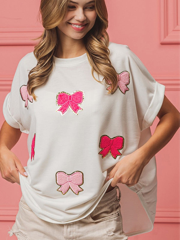 T-Shirts- Sparkle Women's Festive Oversized T-Shirt with Embroidered Bows- - IndioGear.com