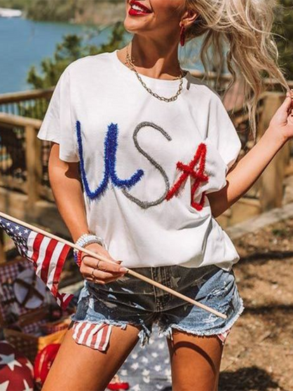 T-Shirts- Star-Spangled Style Loose USA T-Shirt for Festive Celebrations- White- IndioGear.com