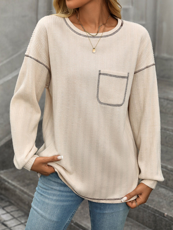 T-Shirts- Textured Long Sleeve Pullover Contrast Trim T-Shirt- - IndioGear Women Clothing