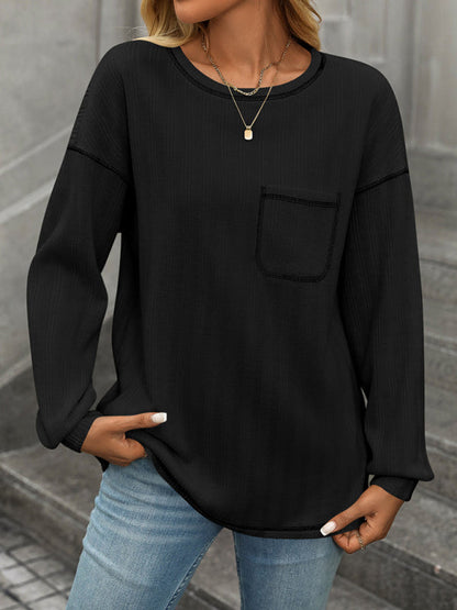 T-Shirts- Textured Long Sleeve Pullover Contrast Trim T-Shirt- Black- IndioGear Women Clothing