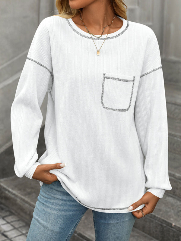 T-Shirts- Textured Long Sleeve Pullover Contrast Trim T-Shirt- White- IndioGear Women Clothing