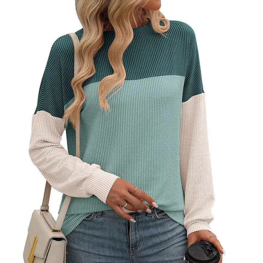 T-Shirts- Women Color-Blocked Casual T-Shirt For Autumn- green- IndioGear.com