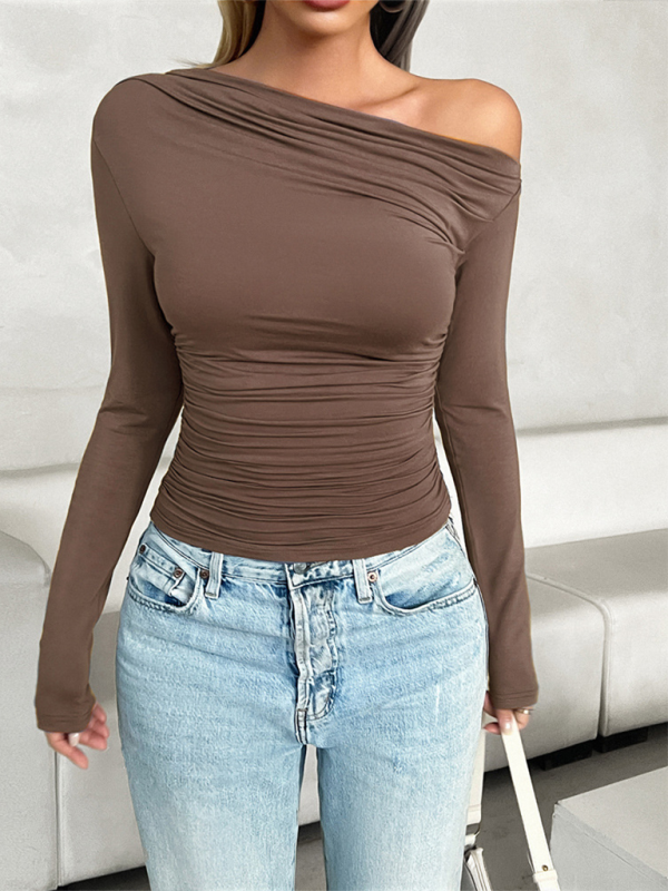 T-Shirts- Women's Long Sleeve T-Shirt with Trendy One-Shoulder- - IndioGear.com