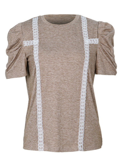 T-Shirts- Women's Solid Lace-Accented T-Shirt Blouse with Puff Sleeve- - IndioGear Fashion and Gear