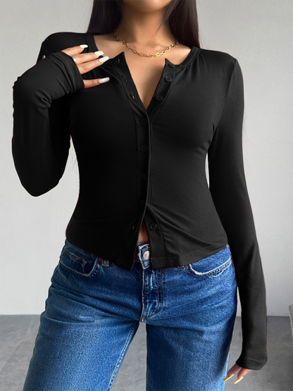 T-shirts- Women Button-Down Top Crew Neck Cardigan T-Shirt- Black- IndioGear.com