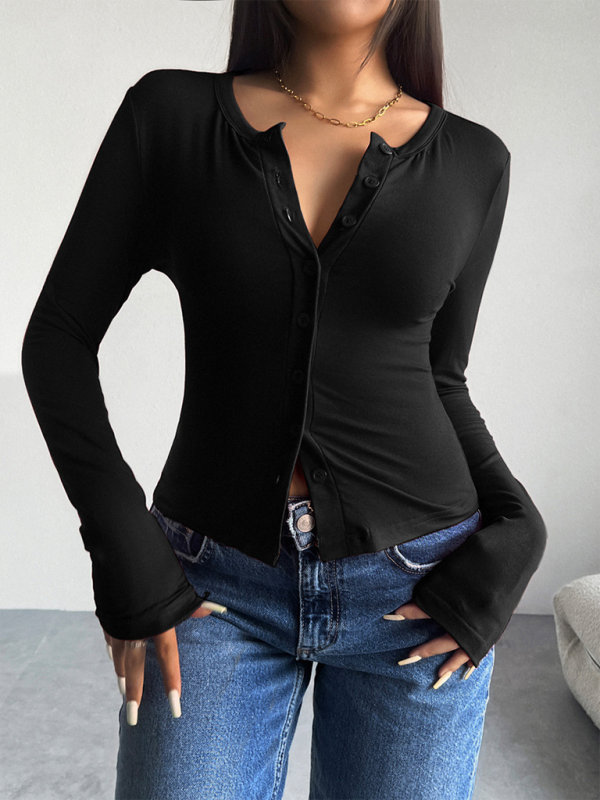 T-shirts- Women Button-Down Top Crew Neck Cardigan T-Shirt- - IndioGear.com