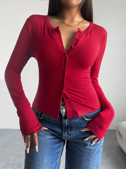 T-shirts- Women Button-Down Top Crew Neck Cardigan T-Shirt- - IndioGear.com