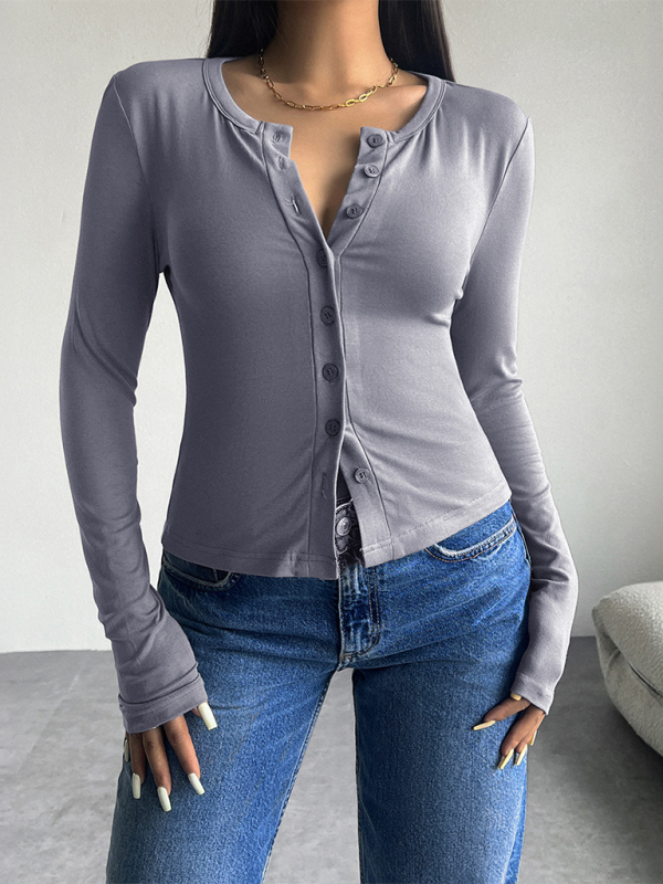 T-shirts- Women Button-Down Top Crew Neck Cardigan T-Shirt- Blue grey- IndioGear.com