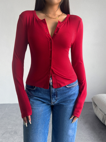 T-shirts- Women Button-Down Top Crew Neck Cardigan T-Shirt- Wine Red- IndioGear.com