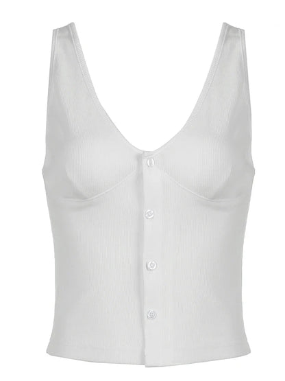 Tank Tops- Casual Ribbed Buttoned Tank Top- White- IndioGear Women Clothing