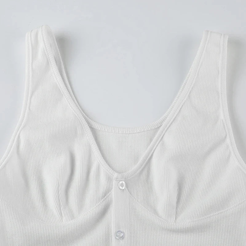 Tank Tops- Casual Ribbed Buttoned Tank Top- - IndioGear Women Clothing