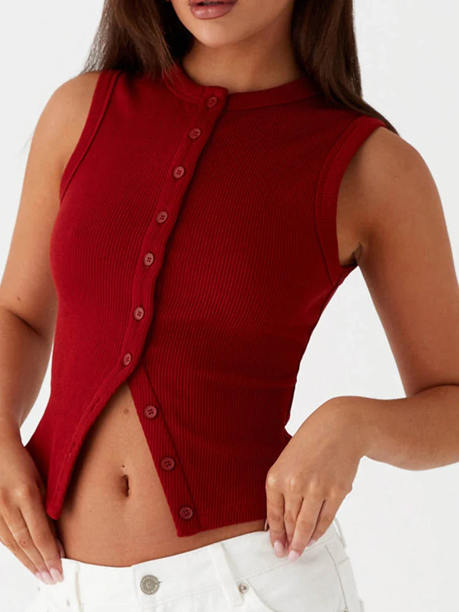 Tank Tops- Fall Ribbed Sleeveless Buttoned Top for Everyday Wear- Red- IndioGear Women Clothing