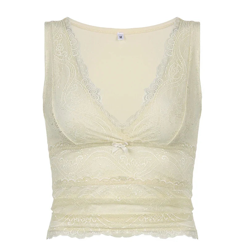 Tank Tops- Lace Overlay V-Neck Sleeveless Top for Women- Beige- IndioGear.com