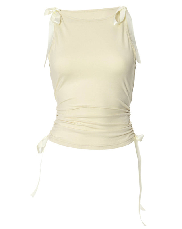 Tank Tops- Sleeveless Top with Tie Accents & Ruched Sides- - IndioGear Fashion and Gear