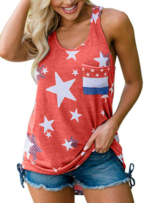 Tank Tops- Women's American Flag Sleeveless Top- Red- Chuzko Women Clothing