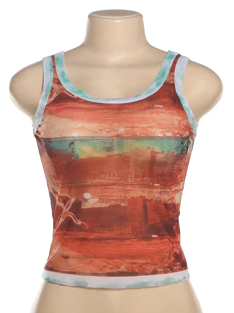 Sleeveless Tank Top Featuring Vintage Sunset Design