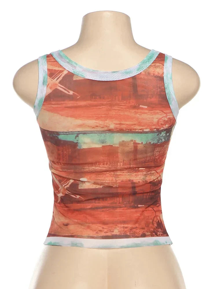 Sleeveless Tank Top Featuring Vintage Sunset Design