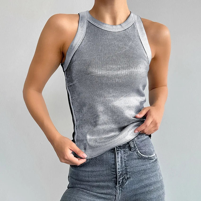 Tank Tops- Women's Slim Fit Sparkle Tank Top for Party Nights- Silver- IndioGear.com