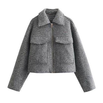 Teddy Jackets- Women Cropped Teddy Jacket for Trendy Winter Layers- Gray- Chuzko Women Clothing