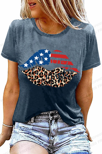 Tees- Celebrate America Patriotic Print T-Shirt for Women & Girls- Grey Blue- IndioGear Fashion and Gear