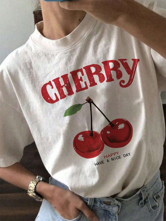 Tees- Cherry Happy Day Tee - Graphic T-Shirt for Women- White- IndioGear.com