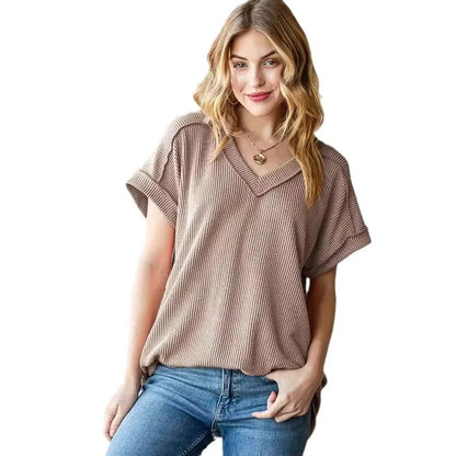 Tees- Everyday Ribbed Casual V-Neck T-Shirt for Women- Khaki- Chuzko Women Clothing