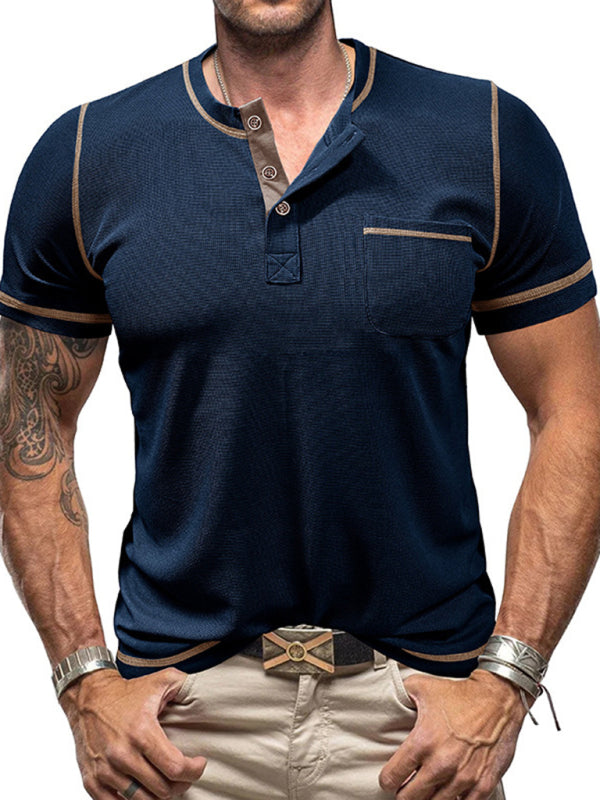 Tees- Men's Contrast Binding Henley T-Shirt for Casual Dates- Royal blue- IndioGear.com