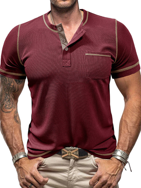 Tees- Men's Contrast Binding Henley T-Shirt for Casual Dates- Wine Red- IndioGear.com