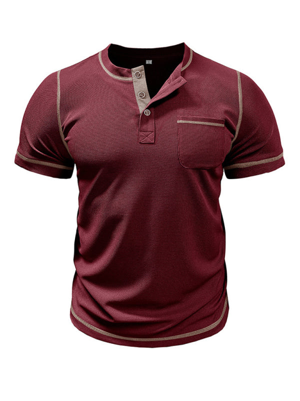 Tees- Men's Contrast Binding Henley T-Shirt for Casual Dates- - IndioGear.com