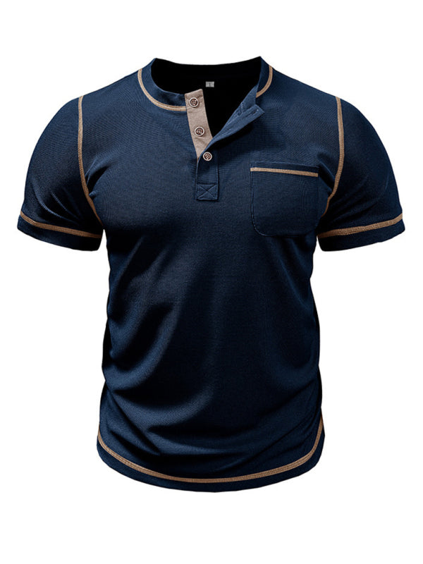 Tees- Men's Contrast Binding Henley T-Shirt for Casual Dates- - IndioGear.com