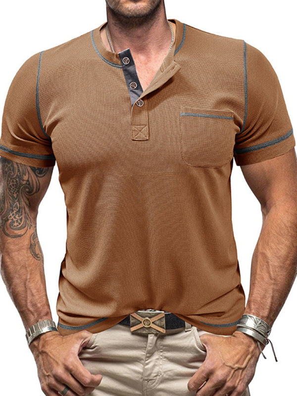 Tees- Men's Contrast Binding Henley T-Shirt for Casual Dates- Khaki- IndioGear.com