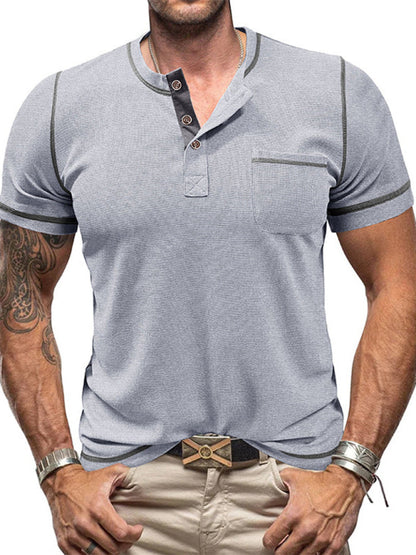 Tees- Men's Contrast Binding Henley T-Shirt for Casual Dates- Misty grey- IndioGear.com