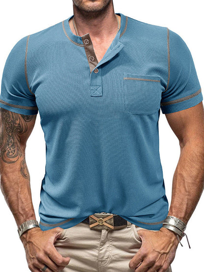 Tees- Men's Contrast Binding Henley T-Shirt for Casual Dates- Denim Blue- IndioGear.com