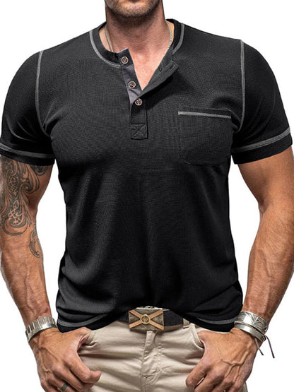 Tees- Men's Contrast Binding Henley T-Shirt for Casual Dates- Black- IndioGear.com