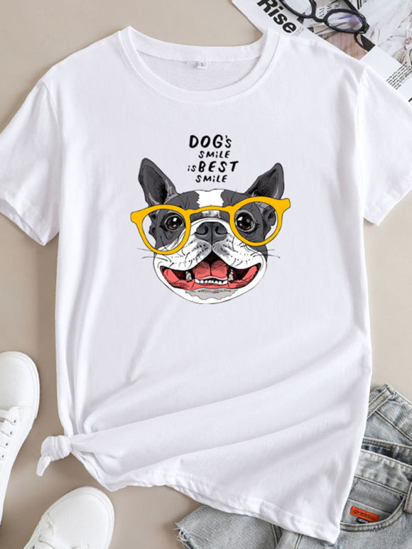 Tees- Playful Pup Print Women's Short Sleeve Cotton Tee- White- IndioGear Fashion and Gear