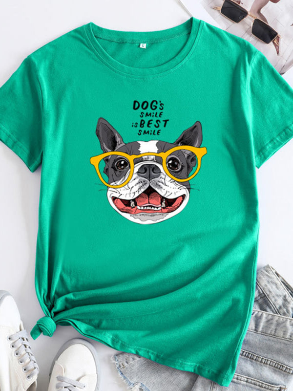 Tees- Playful Pup Print Women's Short Sleeve Cotton Tee- Deep green- IndioGear Fashion and Gear