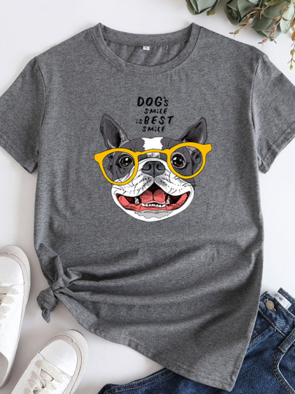 Tees- Playful Pup Print Women's Short Sleeve Cotton Tee- Charcoal grey- IndioGear Fashion and Gear