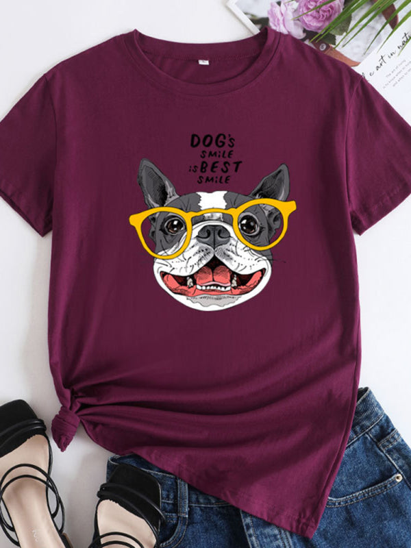 Tees- Playful Pup Print Women's Short Sleeve Cotton Tee- Wine Red- IndioGear Fashion and Gear