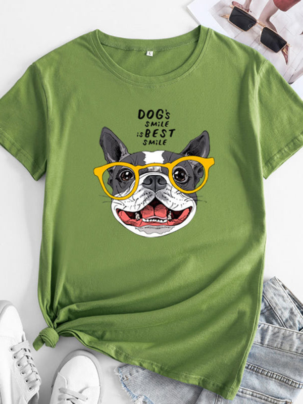 Tees- Playful Pup Print Women's Short Sleeve Cotton Tee- Olive green- IndioGear Fashion and Gear