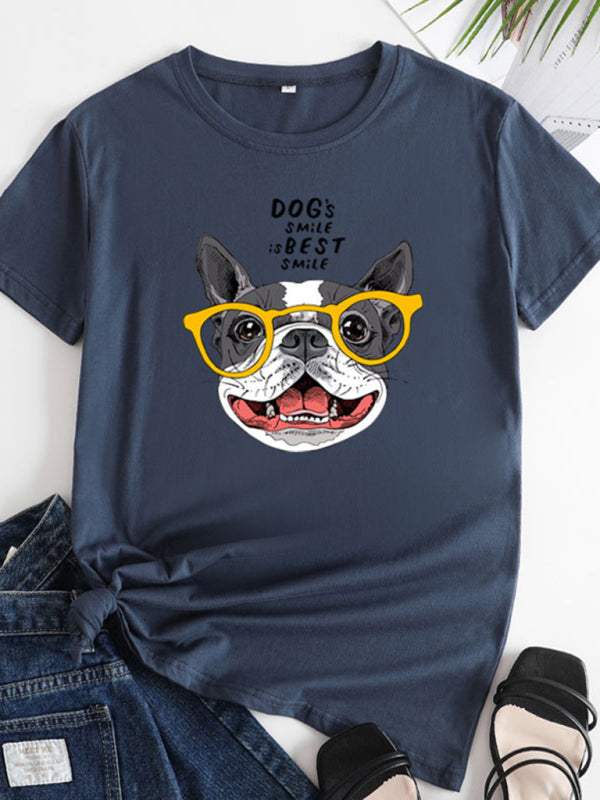 Tees- Playful Pup Print Women's Short Sleeve Cotton Tee- Purplish blue navy- IndioGear Fashion and Gear