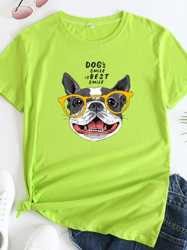 Tees- Playful Pup Print Women's Short Sleeve Cotton Tee- Chartreuse- IndioGear Fashion and Gear