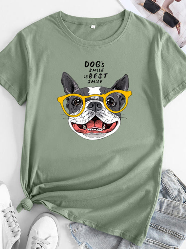 Tees- Playful Pup Print Women's Short Sleeve Cotton Tee- Pea green grey- IndioGear Fashion and Gear